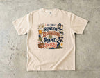 Our Family Runs on Reservations and Road Snacks Road Trip Shirt in Ivory – flat lay