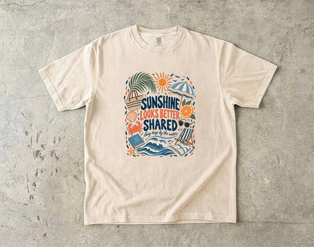 Sunshine Looks Better Shared Beach Vacation Shirt in Ivory – flat lay