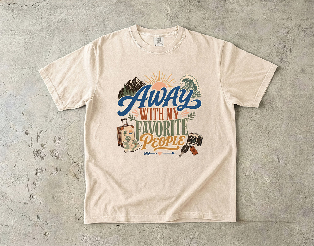 Away with My Favorite People Travel Mom Shirt in Ivory – flat lay
