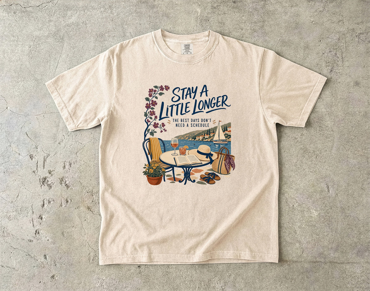 Stay a Little Longer Girls Trip Shirt in Ivory – flat lay