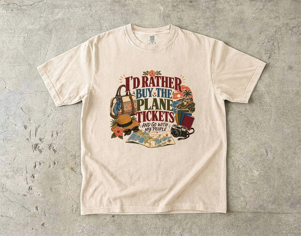 I'd Rather Buy the Plane Tickets Travel Mom Shirt in Ivory – flat lay