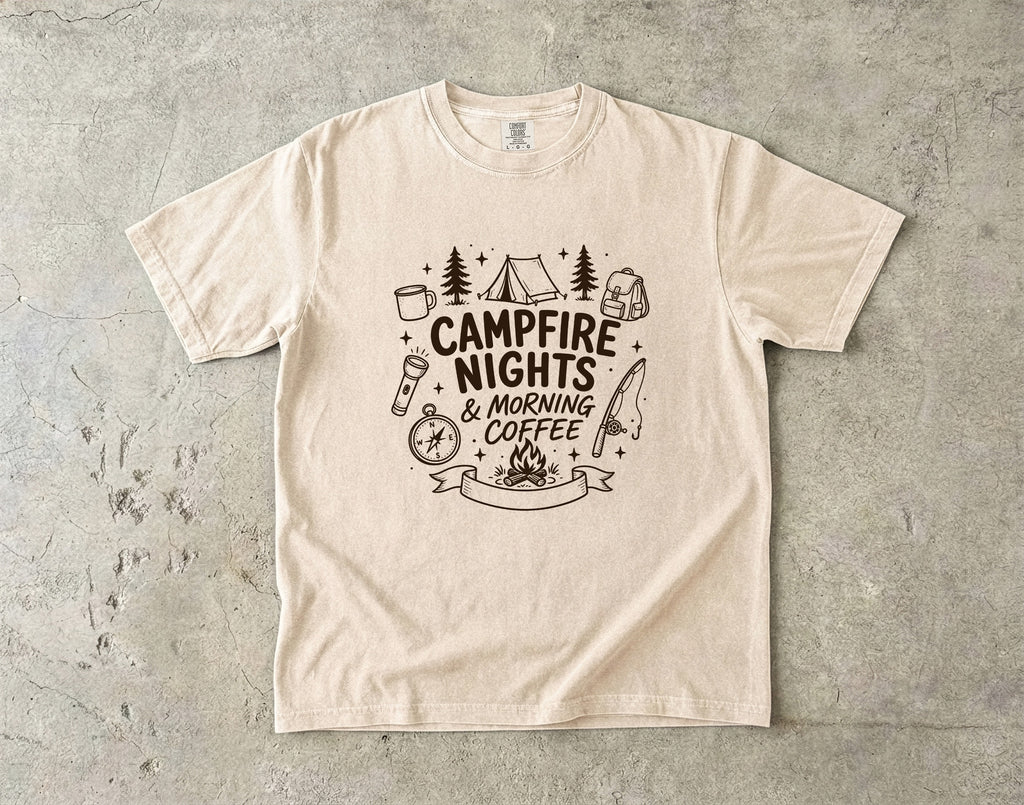 Campfire Nights and Morning Coffee Camping Shirt in Ivory – flat lay