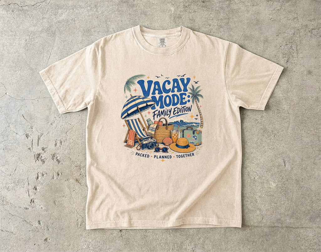 Vacay Mode Family Edition Travel Mom Shirt in Ivory – flat lay