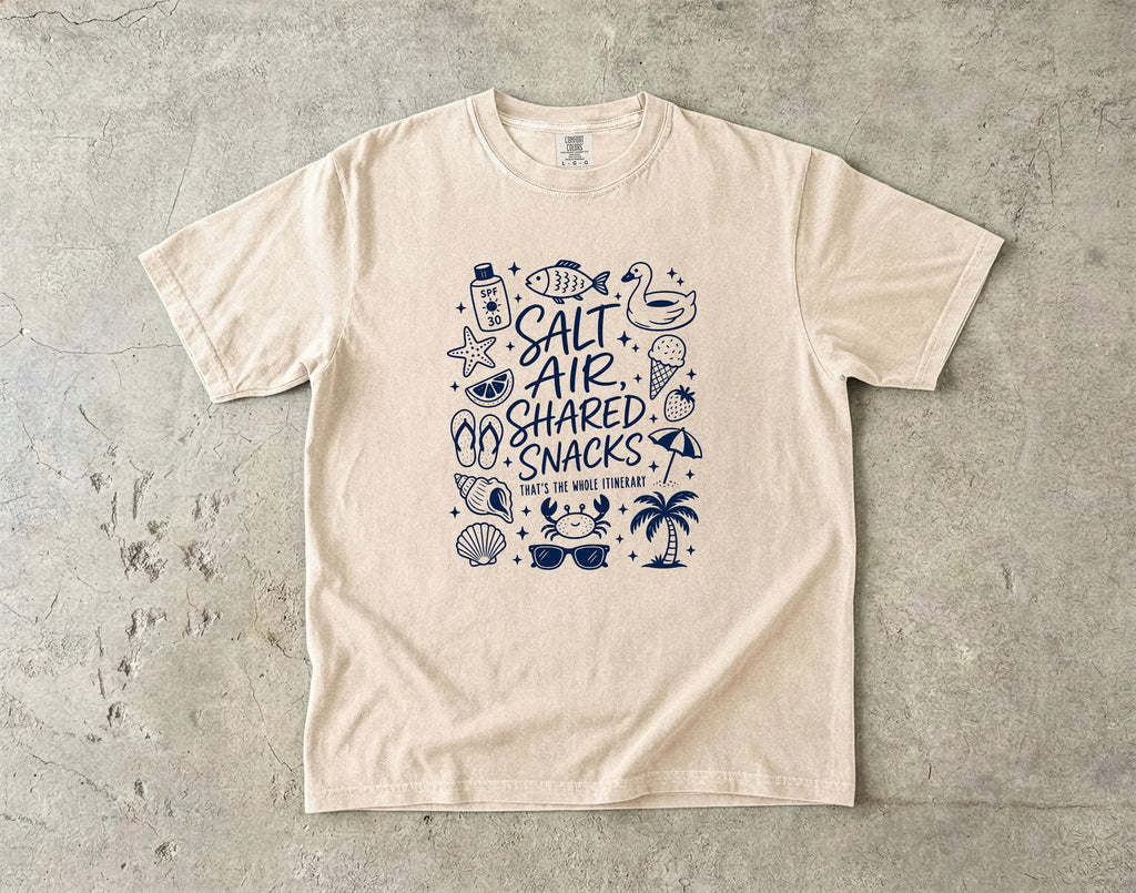 Salt Air Shared Snacks Beach Vacation Shirt in Ivory – flat lay