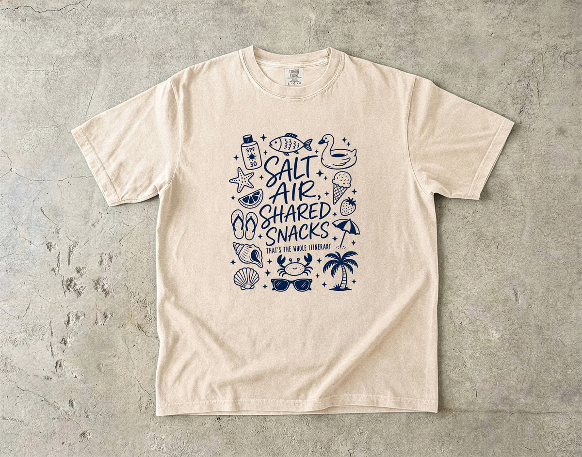 Salt Air Shared Snacks Beach Vacation Shirt in Ivory – flat lay