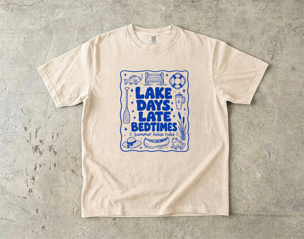 Lake Days Late Bedtimes Lake Vacation Shirt in Ivory – flat lay