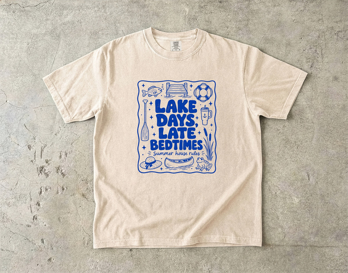Lake Days Late Bedtimes Lake Vacation Shirt in Ivory – flat lay