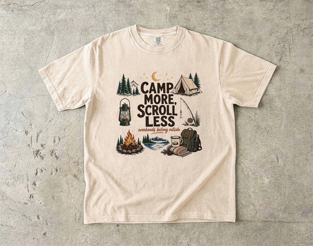 Camp More Scroll Less Camping Shirt in Ivory – flat lay