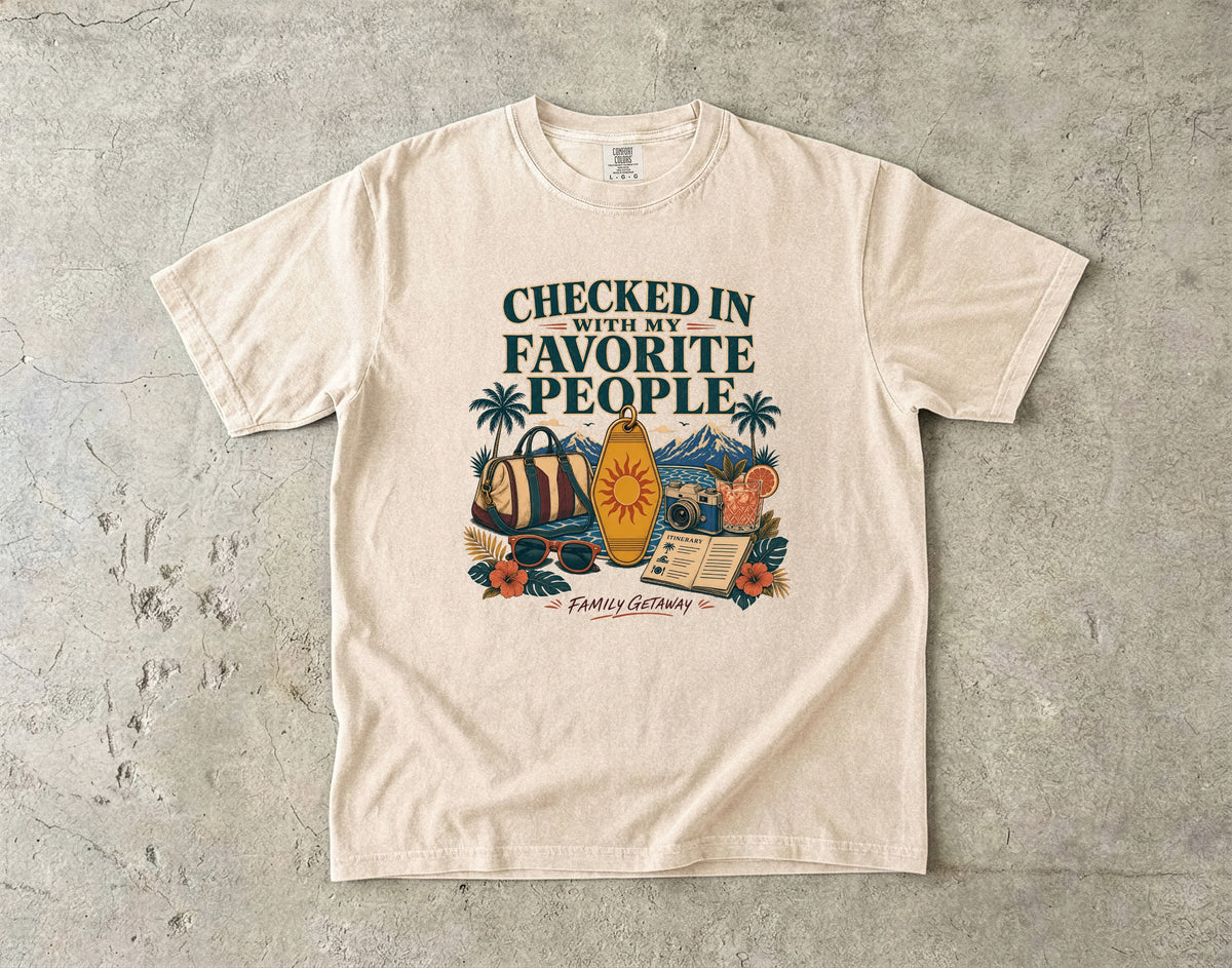 Checked In with My Favorite People Family Getaway Shirt in Ivory – flat lay