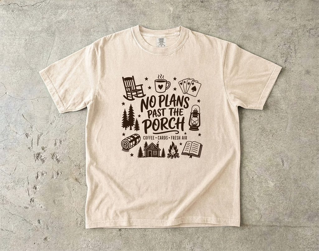 No Plans Past the Porch Cabin Weekend Shirt in Ivory – flat lay