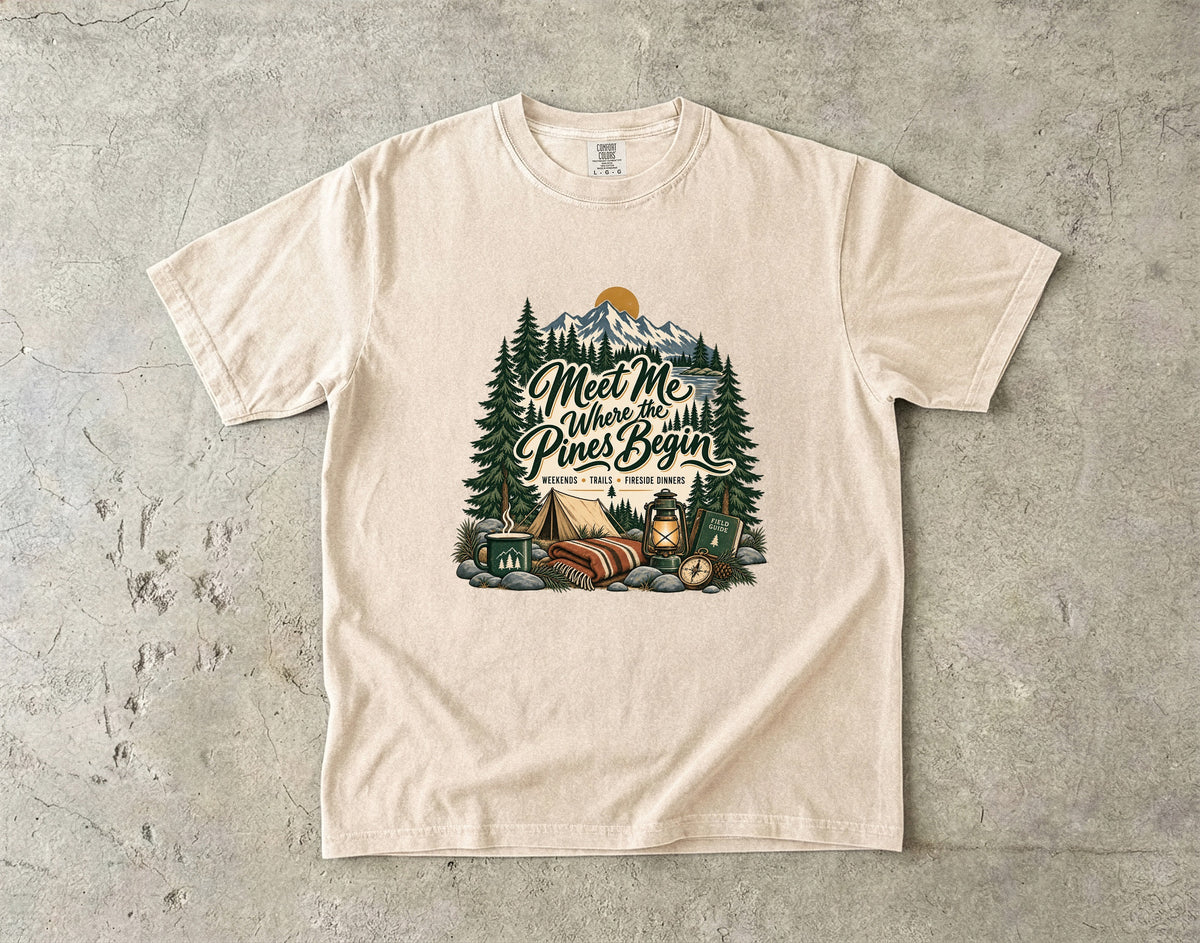 Meet Me Where the Pines Begin Mountain Camping Shirt in Ivory – flat lay