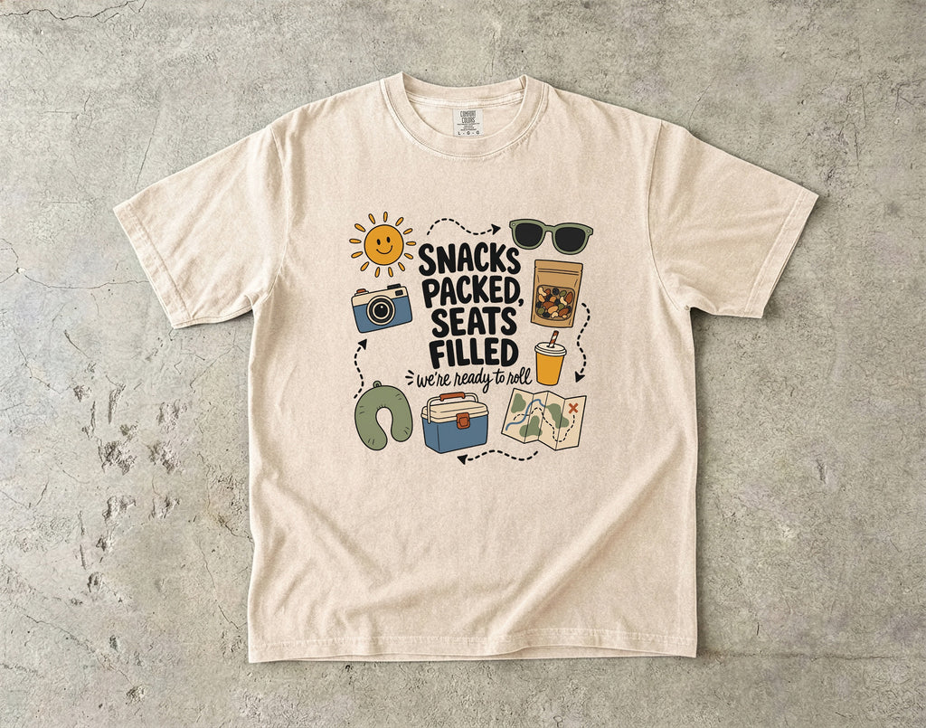 Snacks Packed Seats Filled Road Trip Shirt in Ivory – flat lay