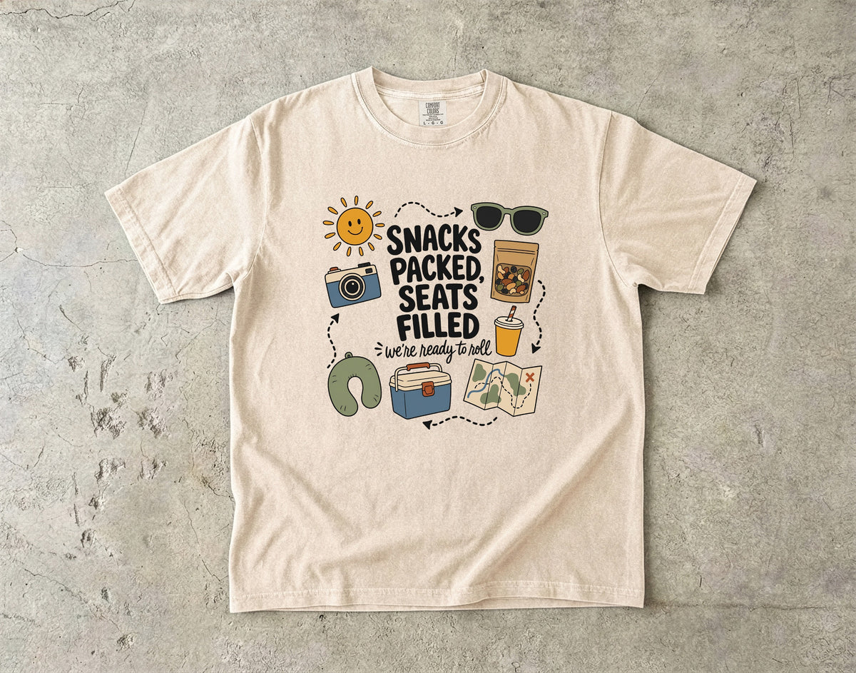 Snacks Packed Seats Filled Road Trip Shirt in Ivory – flat lay