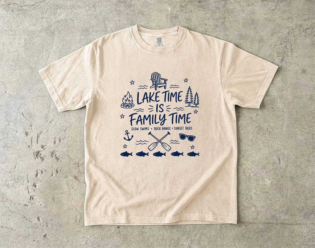 Lake Time Is Family Time Lake Vacation Shirt in Ivory – flat lay