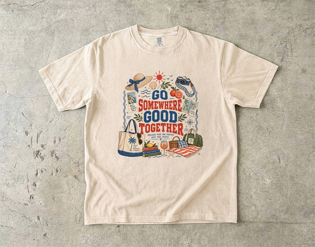 Go Somewhere Good Together Beach Vacation Shirt in Ivory – flat lay