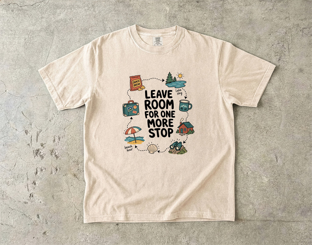Leave Room for One More Stop Road Trip Shirt in Ivory – flat lay