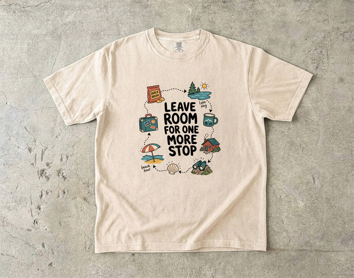 Leave Room for One More Stop Road Trip Shirt in Ivory – flat lay