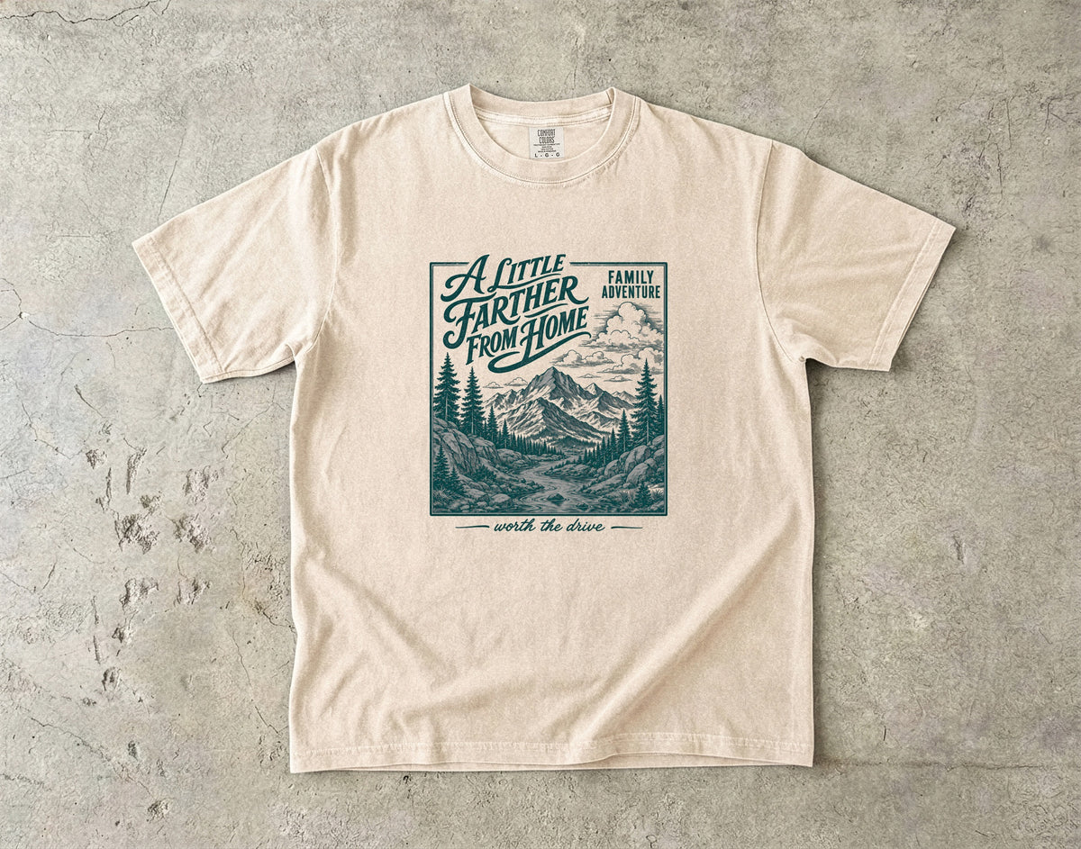 A Little Farther from Home Family Adventure Shirt in Ivory – flat lay