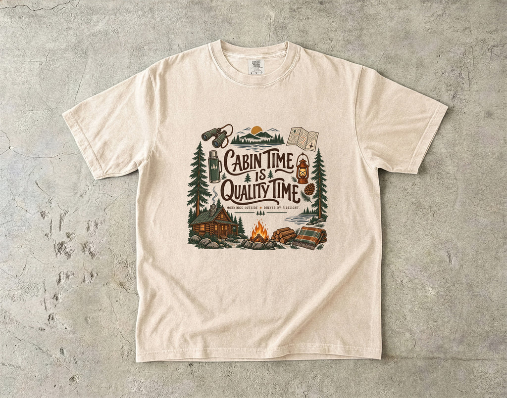 Cabin Time Is Quality Time Lake Vacation Shirt in Ivory – flat lay