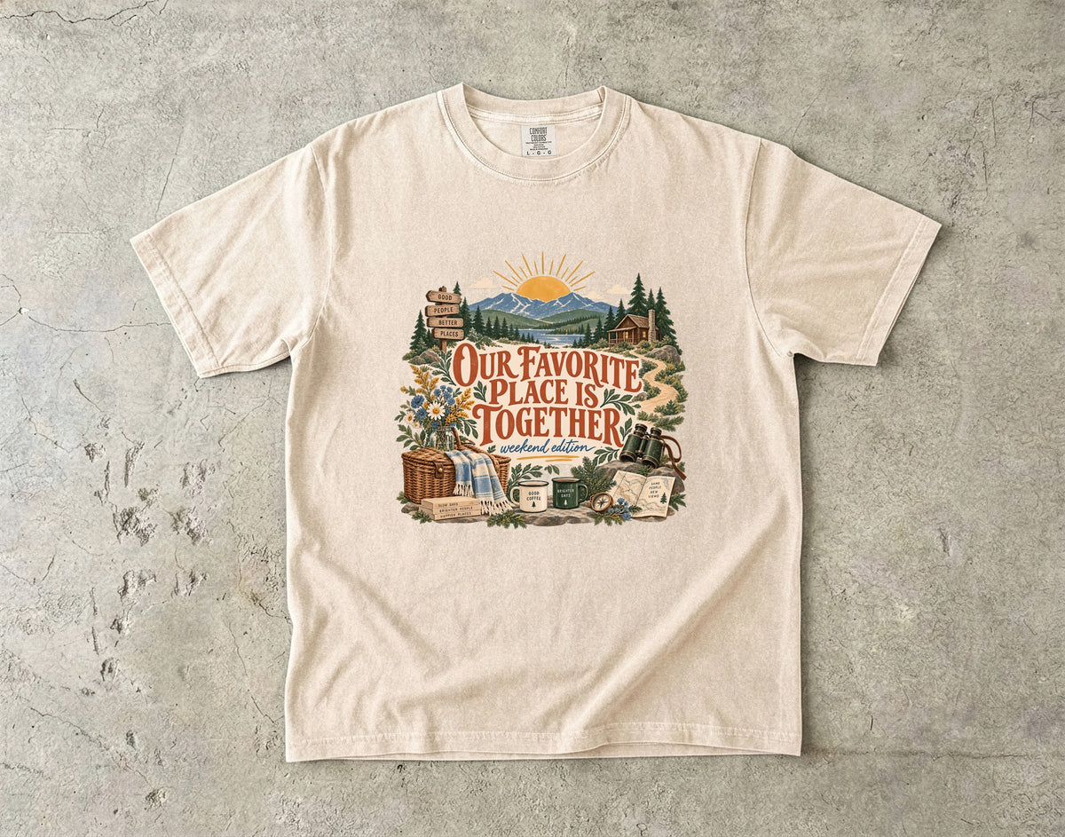 Our Favorite Place Is Together Family Getaway Shirt in Ivory – flat lay