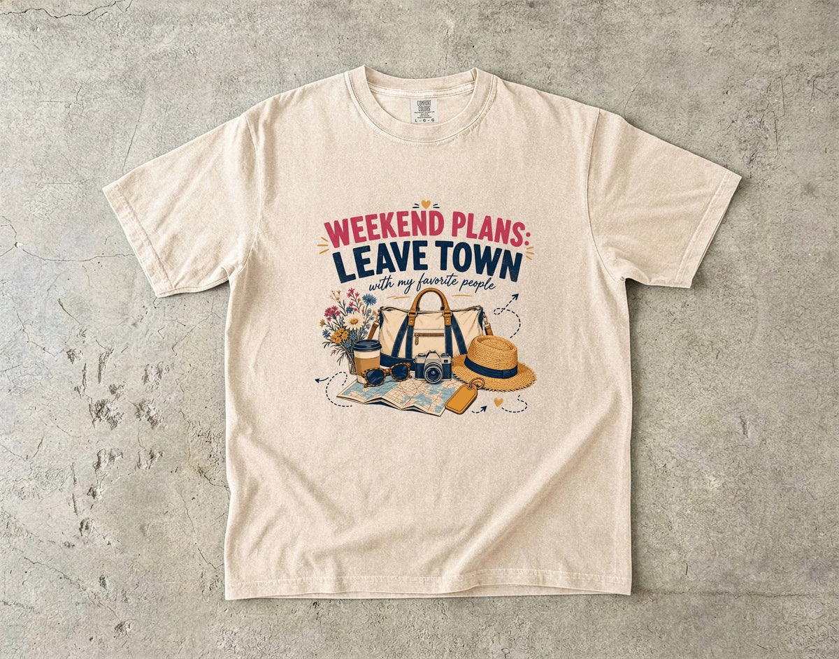 Weekend Plans Leave Town Girls Trip Shirt in Ivory – flat lay