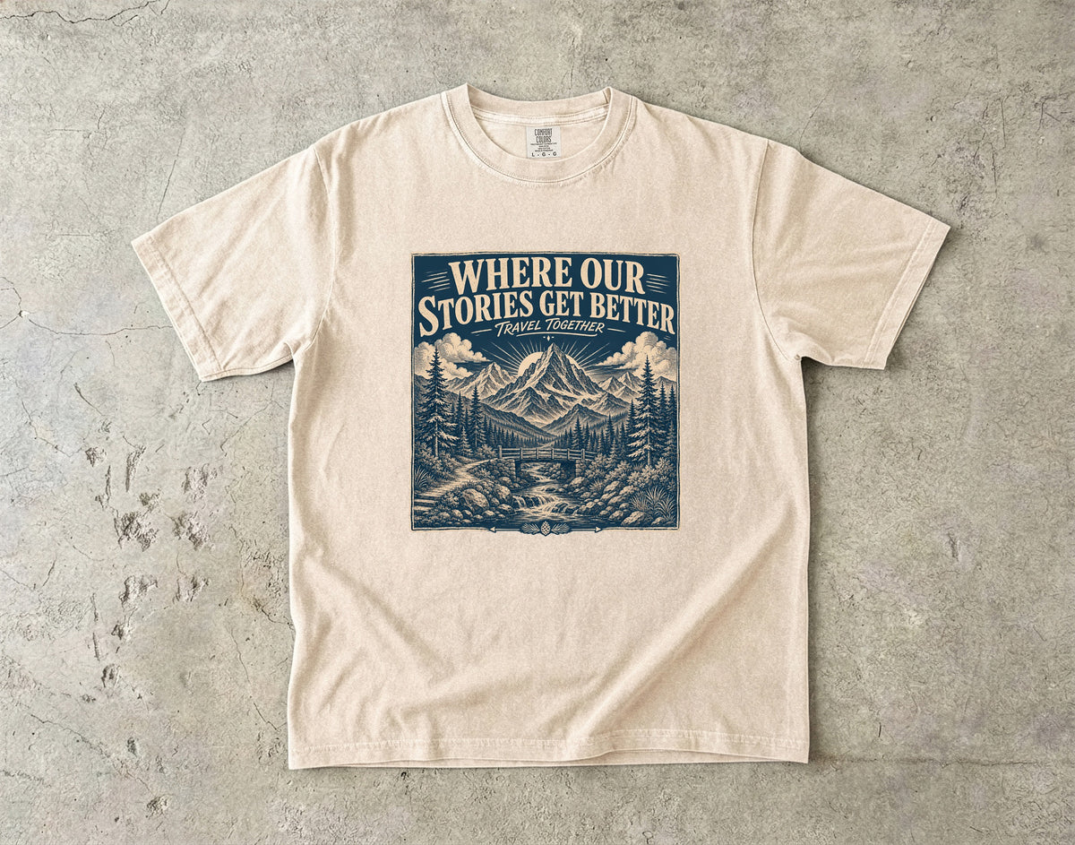 Where Our Stories Get Better Mountain Adventure Shirt in Ivory – flat lay