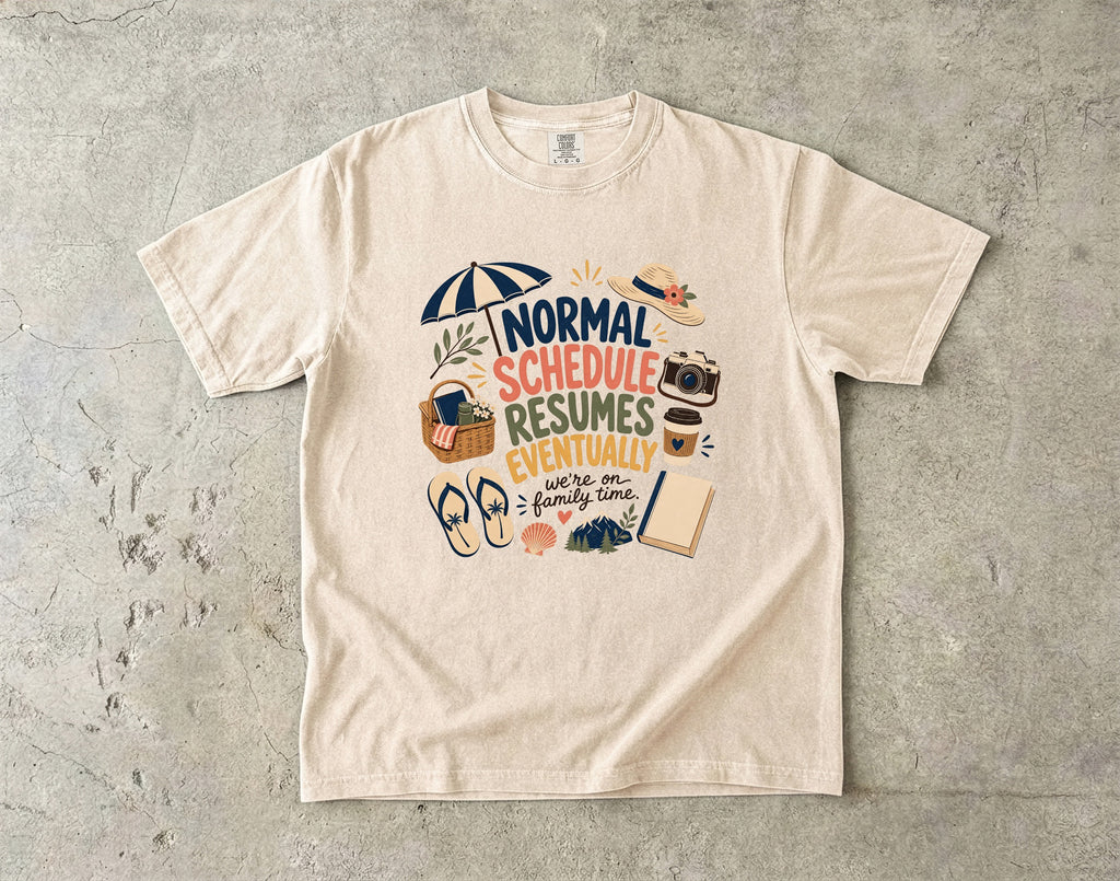 Normal Schedule Resumes Eventually Family Getaway Shirt in Ivory – flat lay