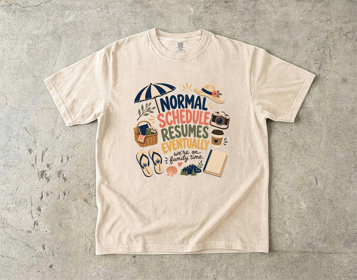 Normal Schedule Resumes Eventually Family Getaway Shirt in Ivory – flat lay