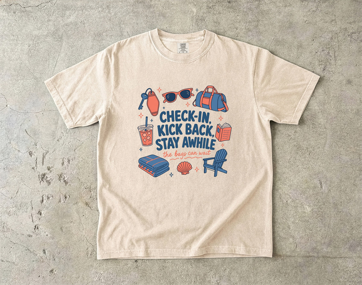 Check-In Kick Back Stay Awhile Family Getaway Shirt in Ivory – flat lay
