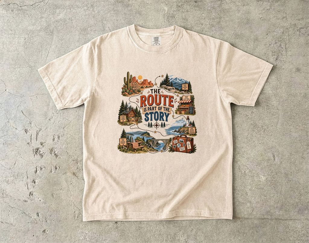 The Route Is Part of the Story Road Trip Shirt in Ivory – flat lay