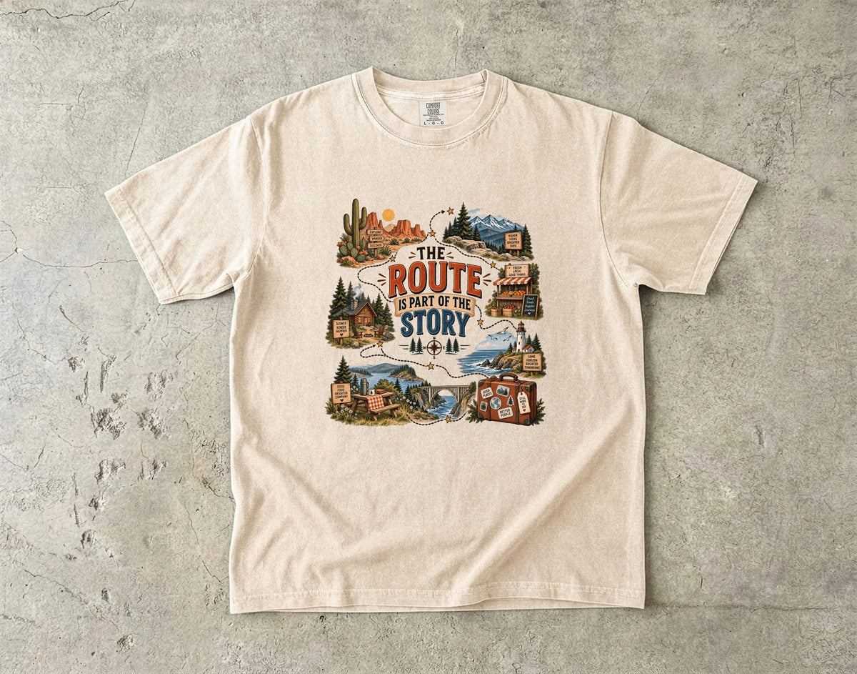 The Route Is Part of the Story Road Trip Shirt in Ivory – flat lay
