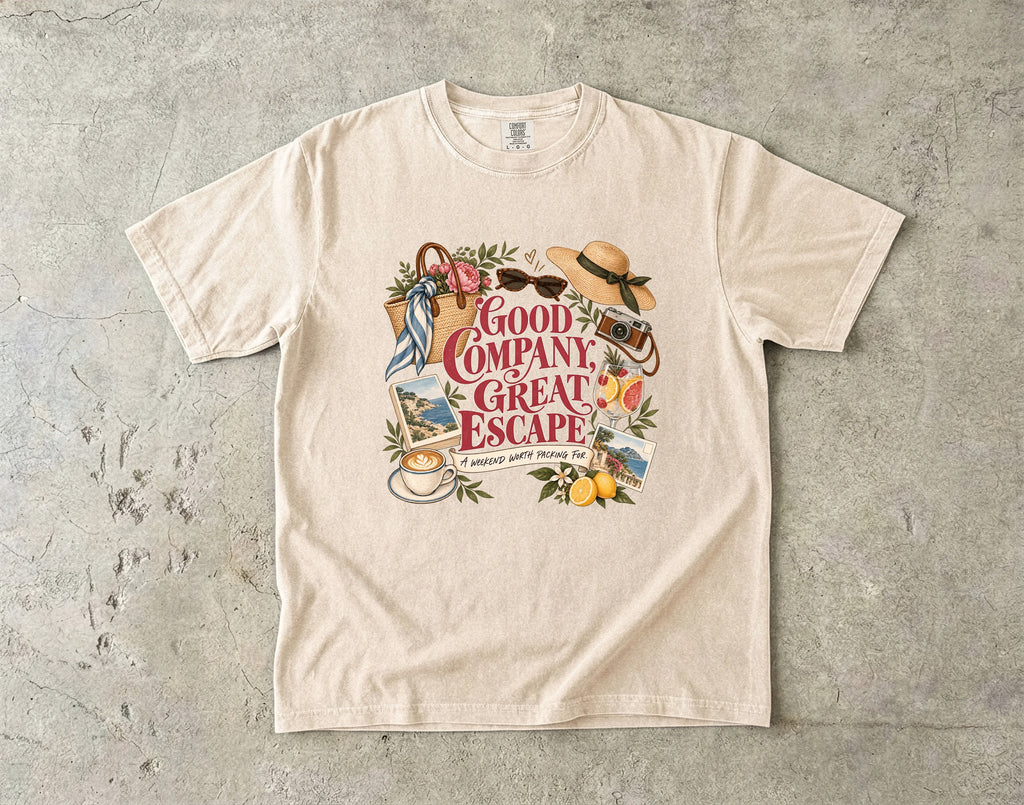 Good Company Great Escape Girls Trip Shirt in Ivory – flat lay