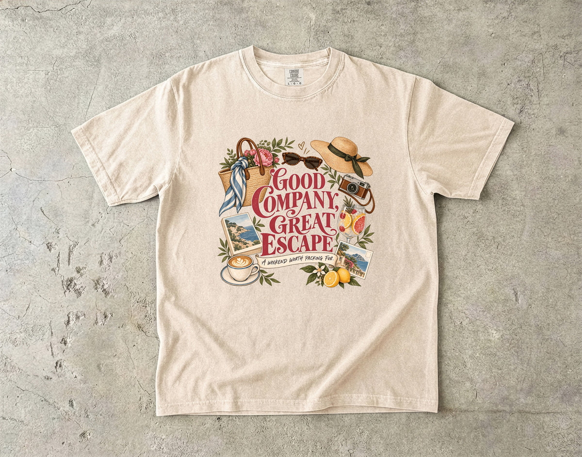 Good Company Great Escape Girls Trip Shirt in Ivory – flat lay
