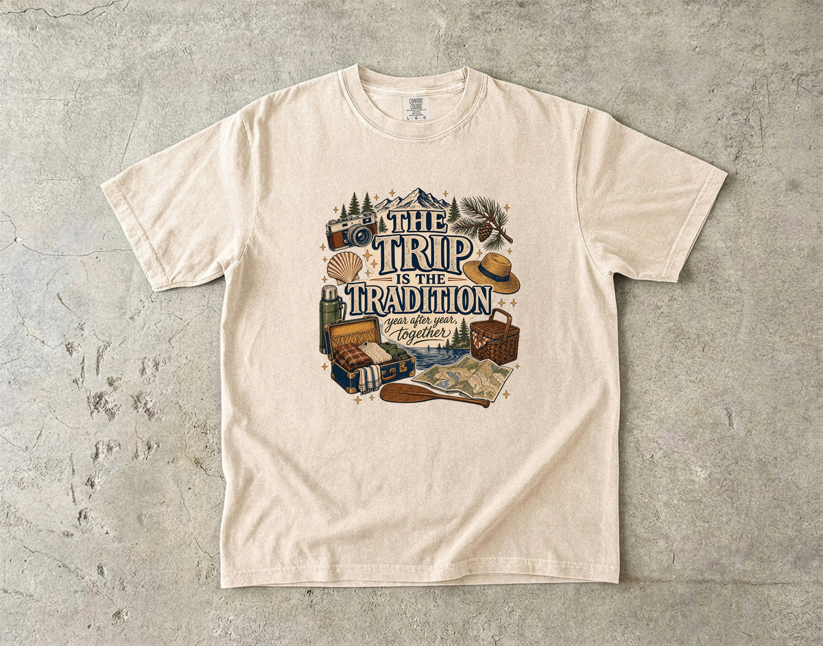 The Trip Is the Tradition Lake Vacation Shirt in Ivory – flat lay