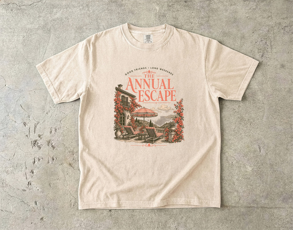 The Annual Escape Girls Trip Shirt in Ivory – flat lay
