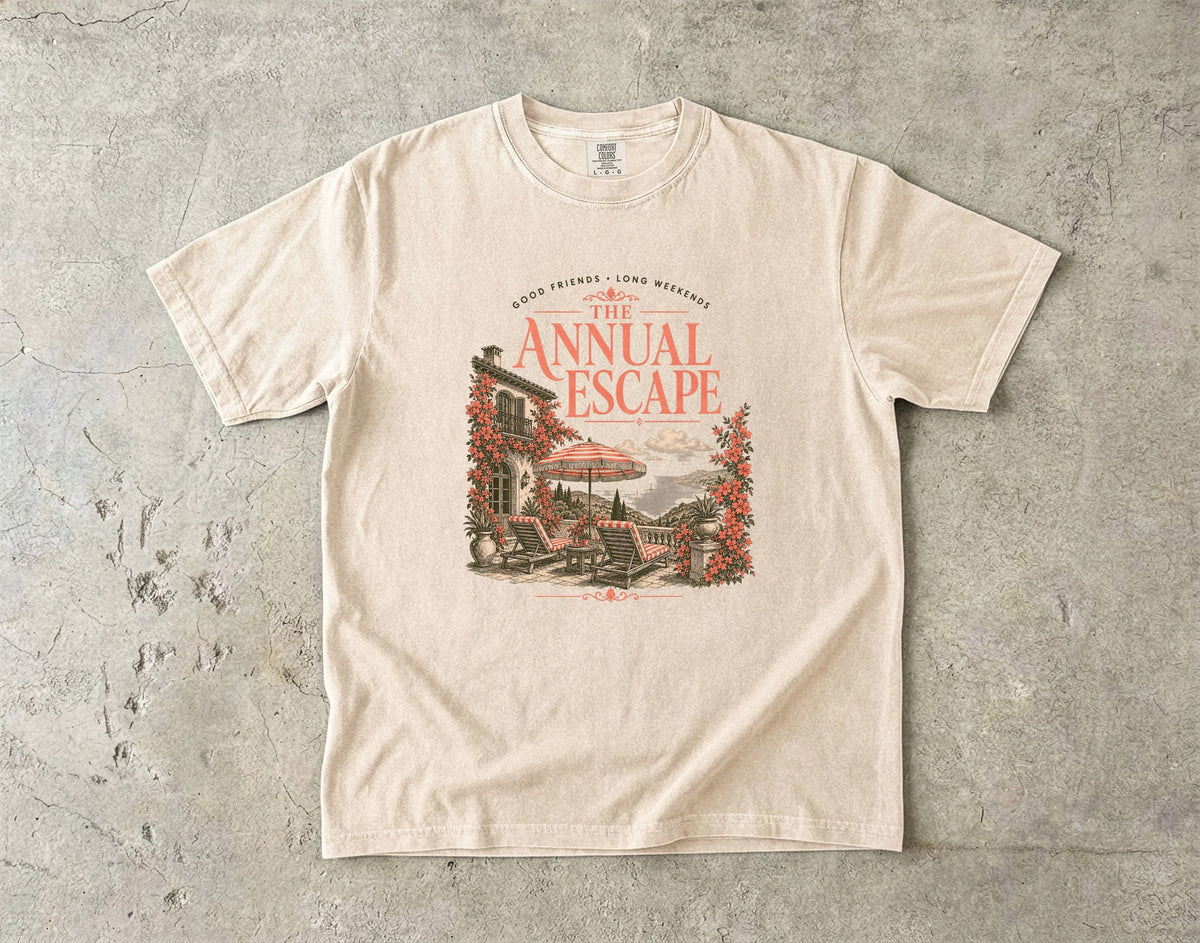 The Annual Escape Girls Trip Shirt in Ivory – flat lay