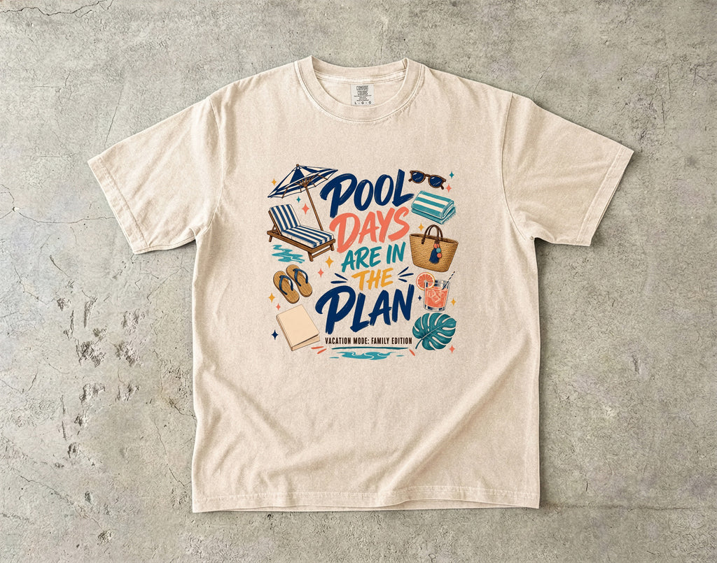 Pool Days Are in the Plan Family Getaway Shirt in Ivory – flat lay
