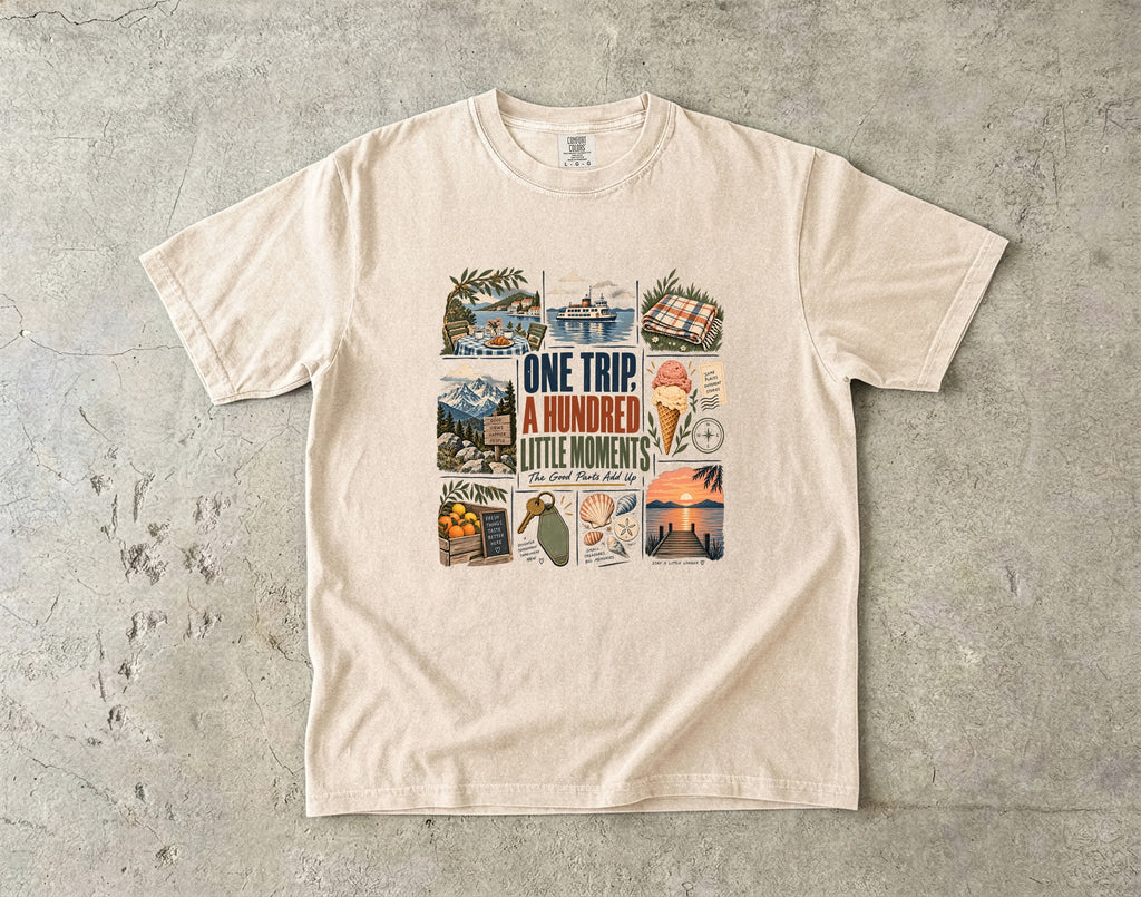 One Trip a Hundred Little Moments Family Travel Shirt in Ivory – flat lay