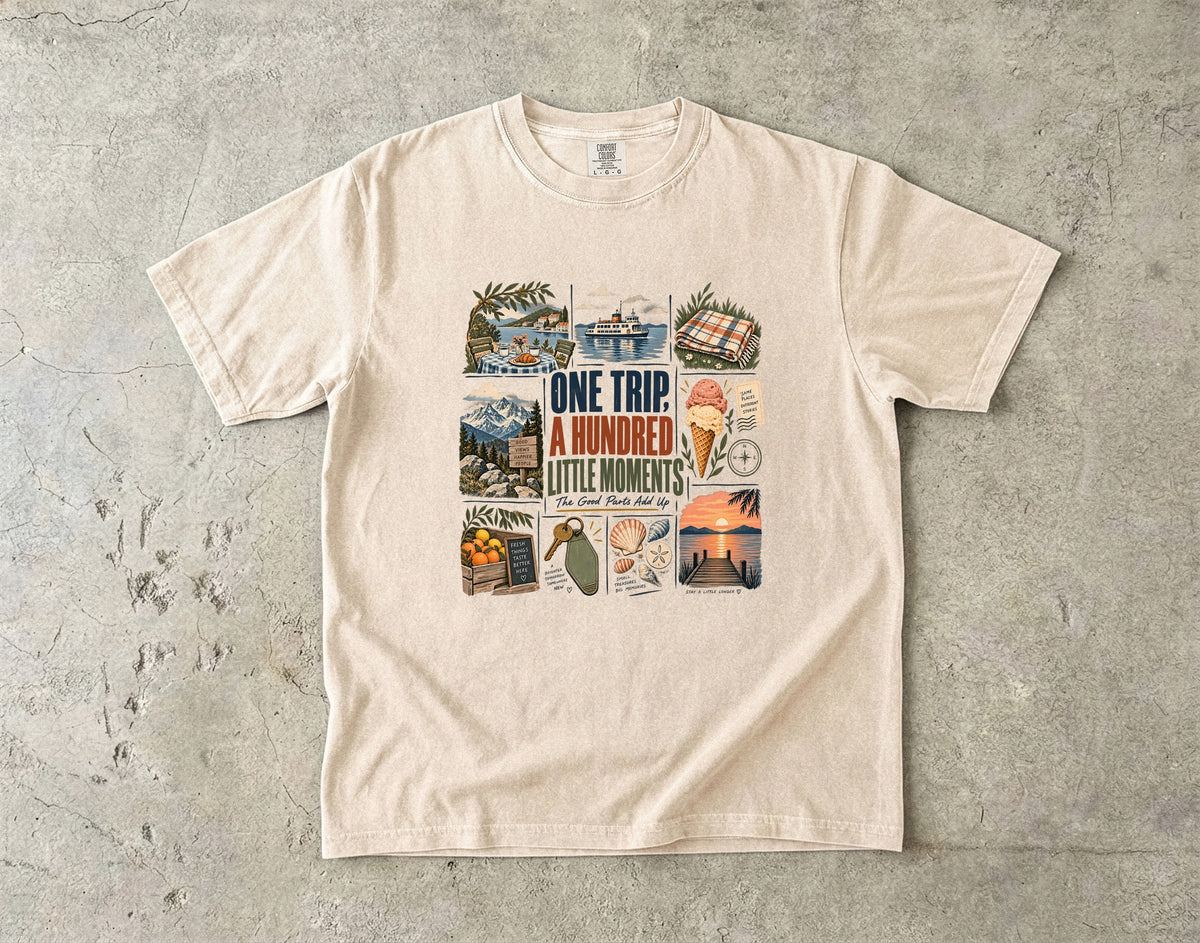 One Trip a Hundred Little Moments Family Travel Shirt in Ivory – flat lay