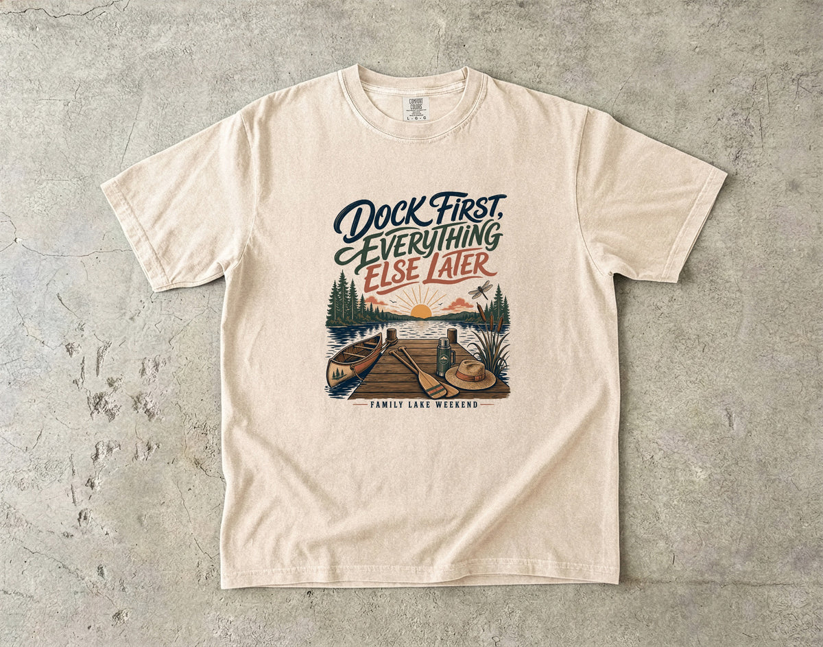 Dock First Everything Else Later Lake Vacation Shirt in Ivory – flat lay