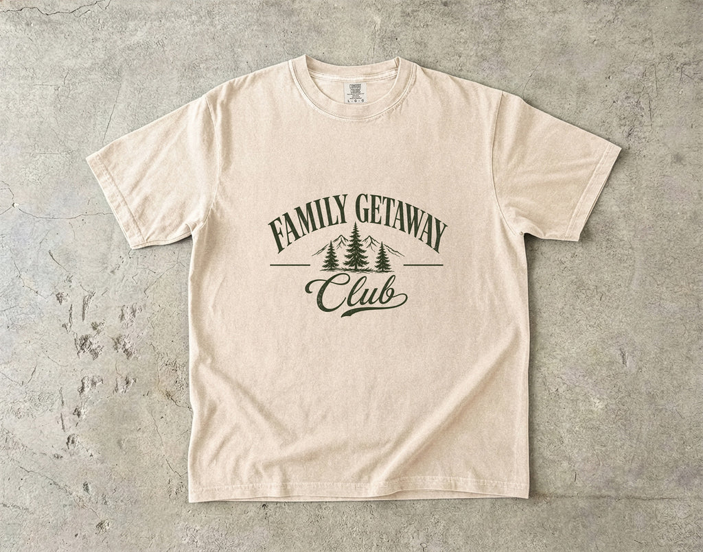 Family Getaway Club Vintage Travel Shirt in Ivory – flat lay