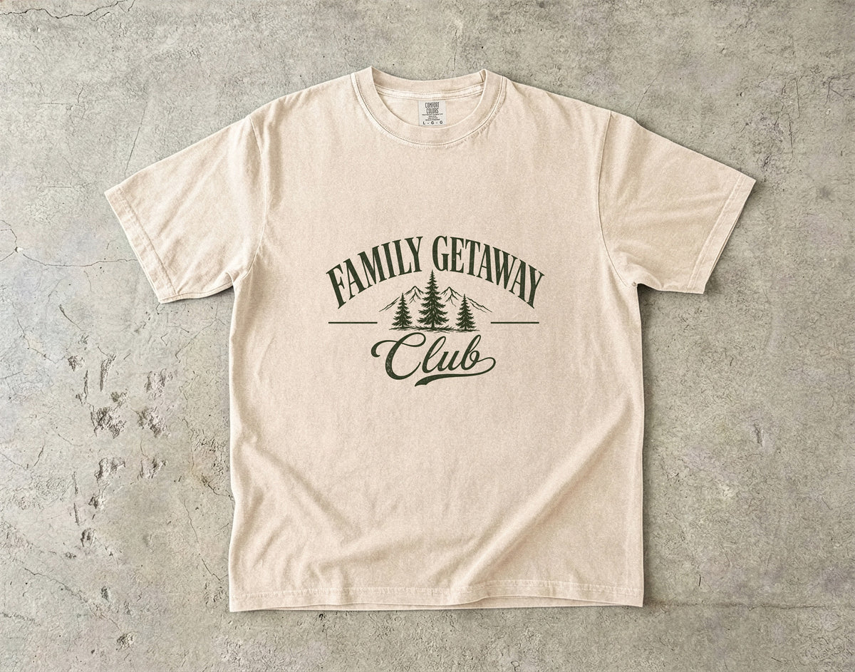 Family Getaway Club Vintage Travel Shirt in Ivory – flat lay