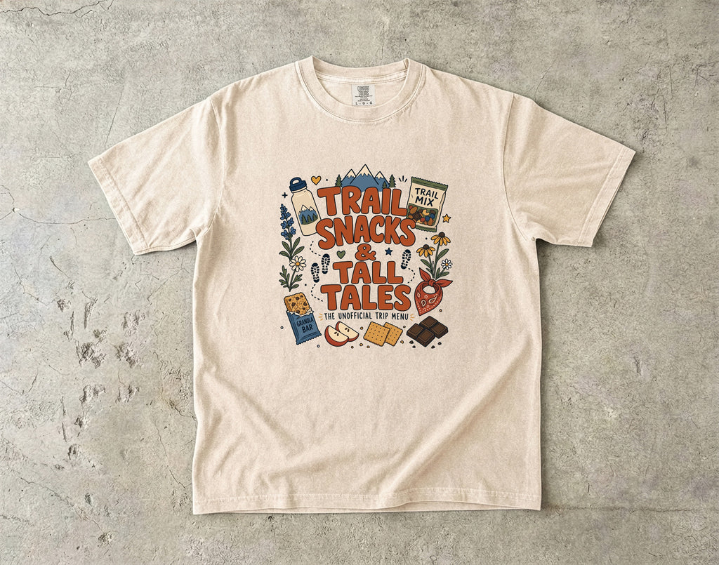 Trail Snacks and Tall Tales Mountain Adventure Shirt in Ivory – flat lay
