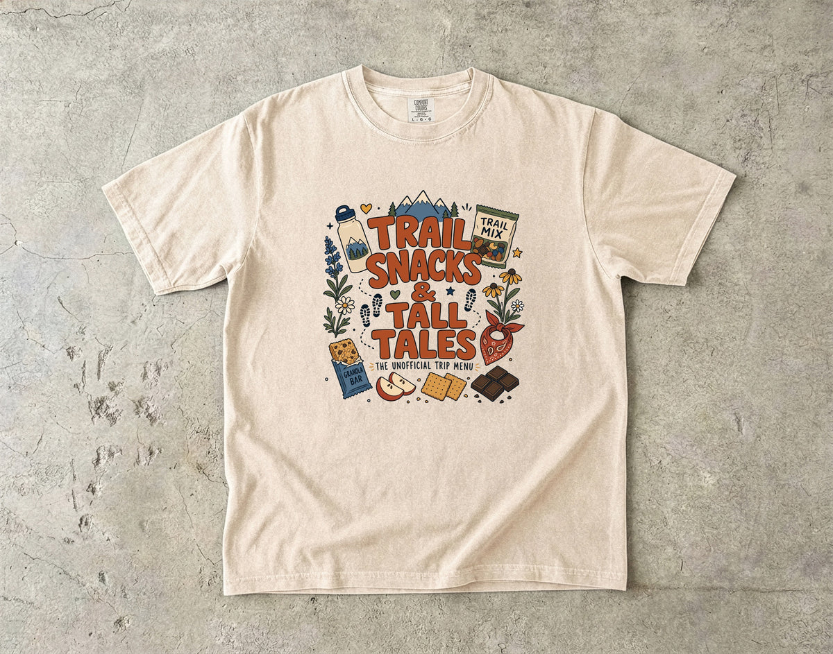 Trail Snacks and Tall Tales Mountain Adventure Shirt in Ivory – flat lay