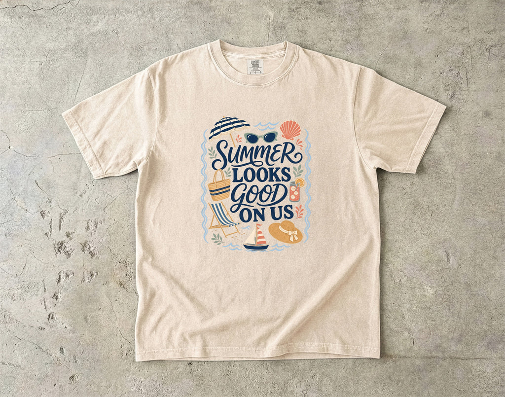 Summer Looks Good On Us Beach Vacation Shirt in Ivory – flat lay