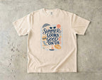 Summer Looks Good On Us Beach Vacation Shirt in Ivory – flat lay