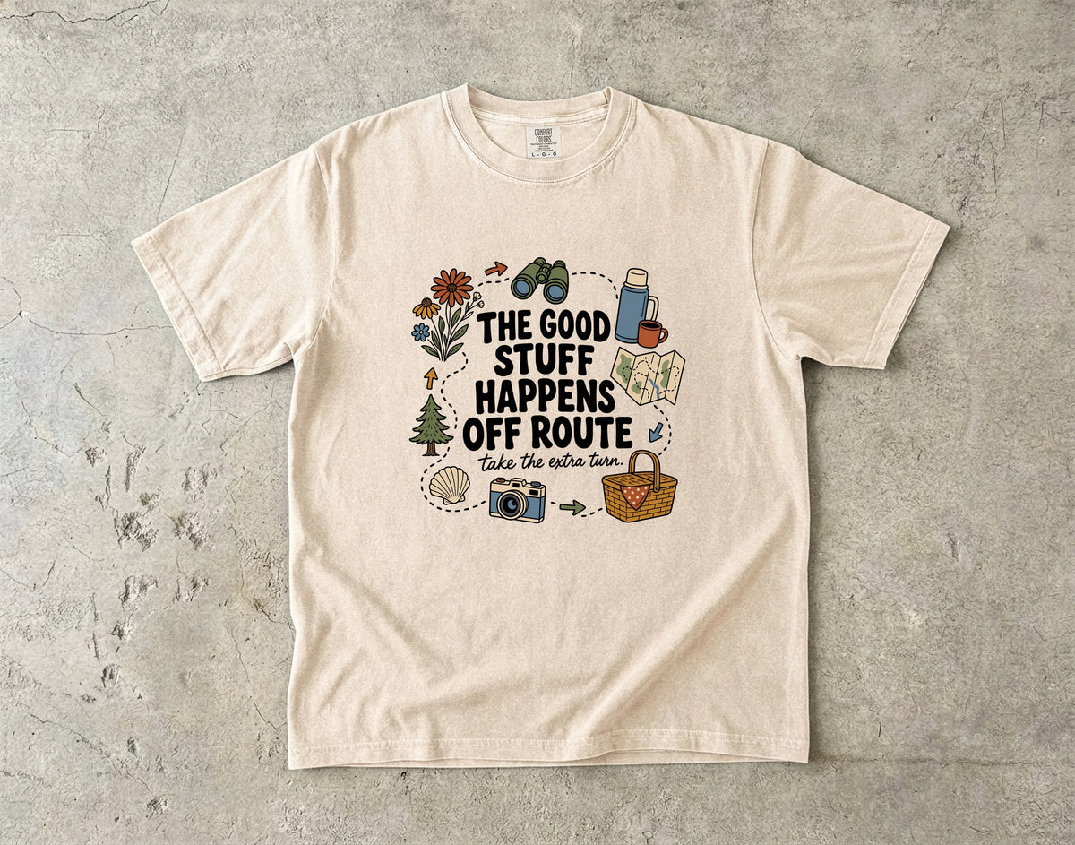The Good Stuff Happens Off Route Road Trip Shirt in Ivory – flat lay