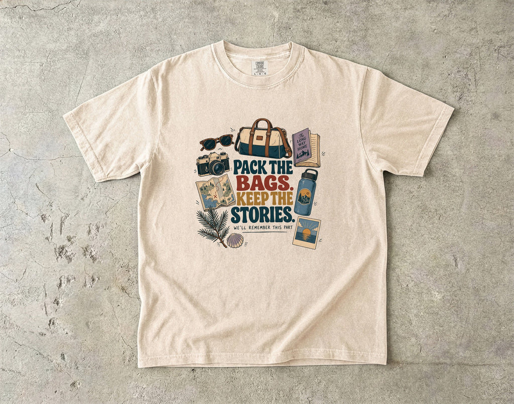 Pack the Bags Keep the Stories Family Getaway Shirt in Ivory – flat lay