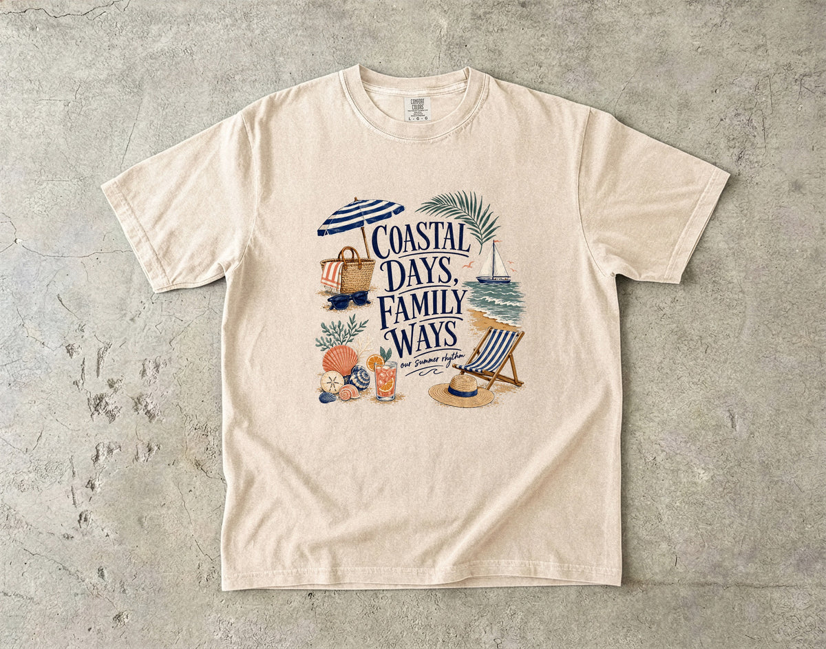Coastal Days Family Ways Beach Vacation Shirt in Ivory – flat lay