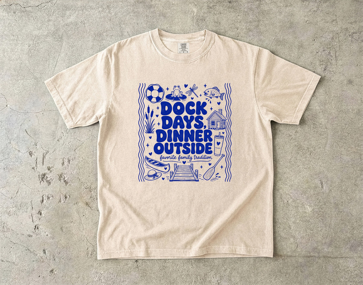 Dock Days Dinner Outside Lake Vacation Shirt in Ivory – flat lay